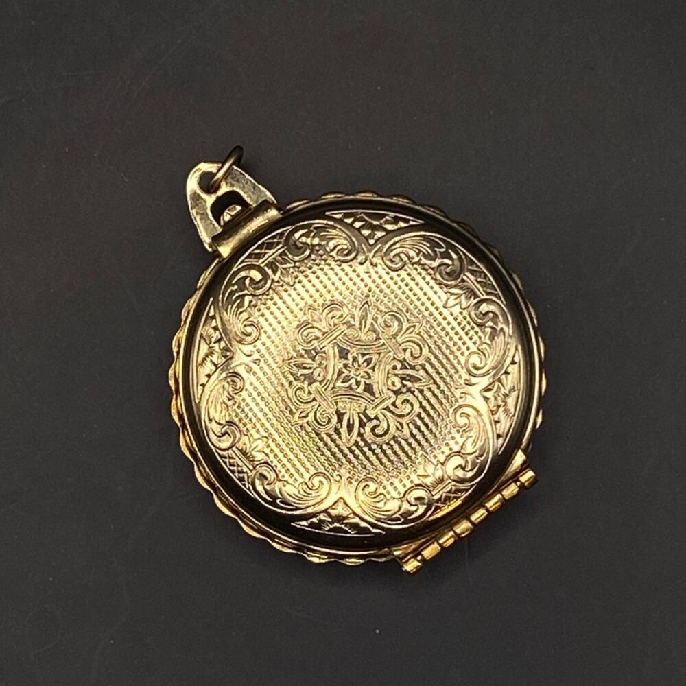 Vintage Coro Double Photo Locket Pendant Collapsible Floral Etched Gold Tone